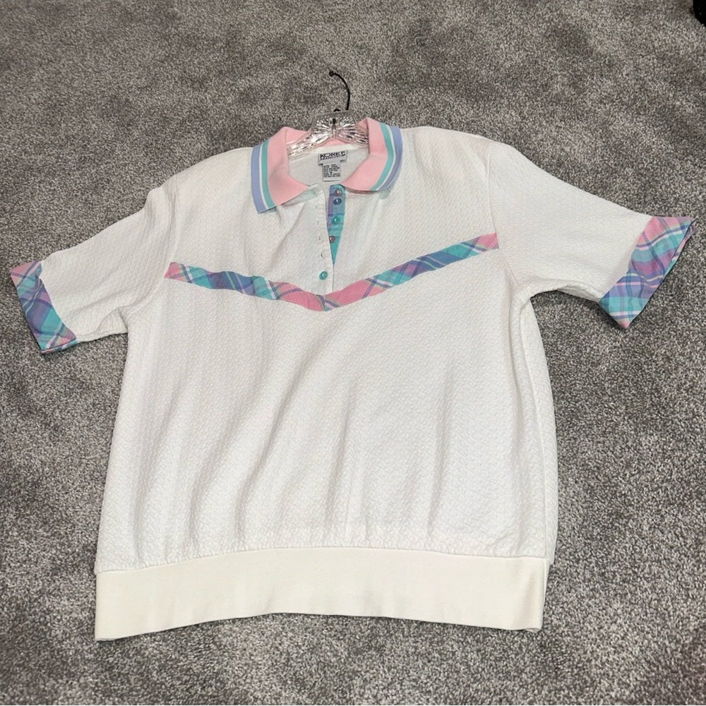 Vintage Koret Francisca White Textured Short Sleeve polo With Plaid Accents sz M